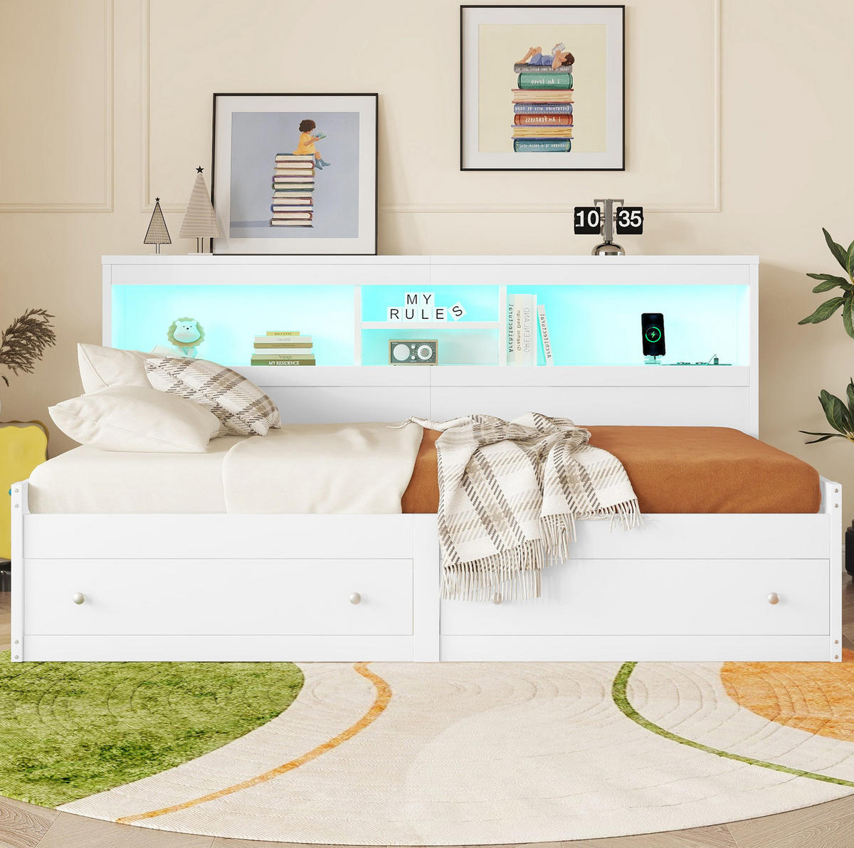 POLSTERBETT aus Spanplatte 90x200 cm in Weiß mit LED-Beleuchtung & USB-Ladefunktion - Weiß, Holzwerkstoff (90/200cm) - Modfu