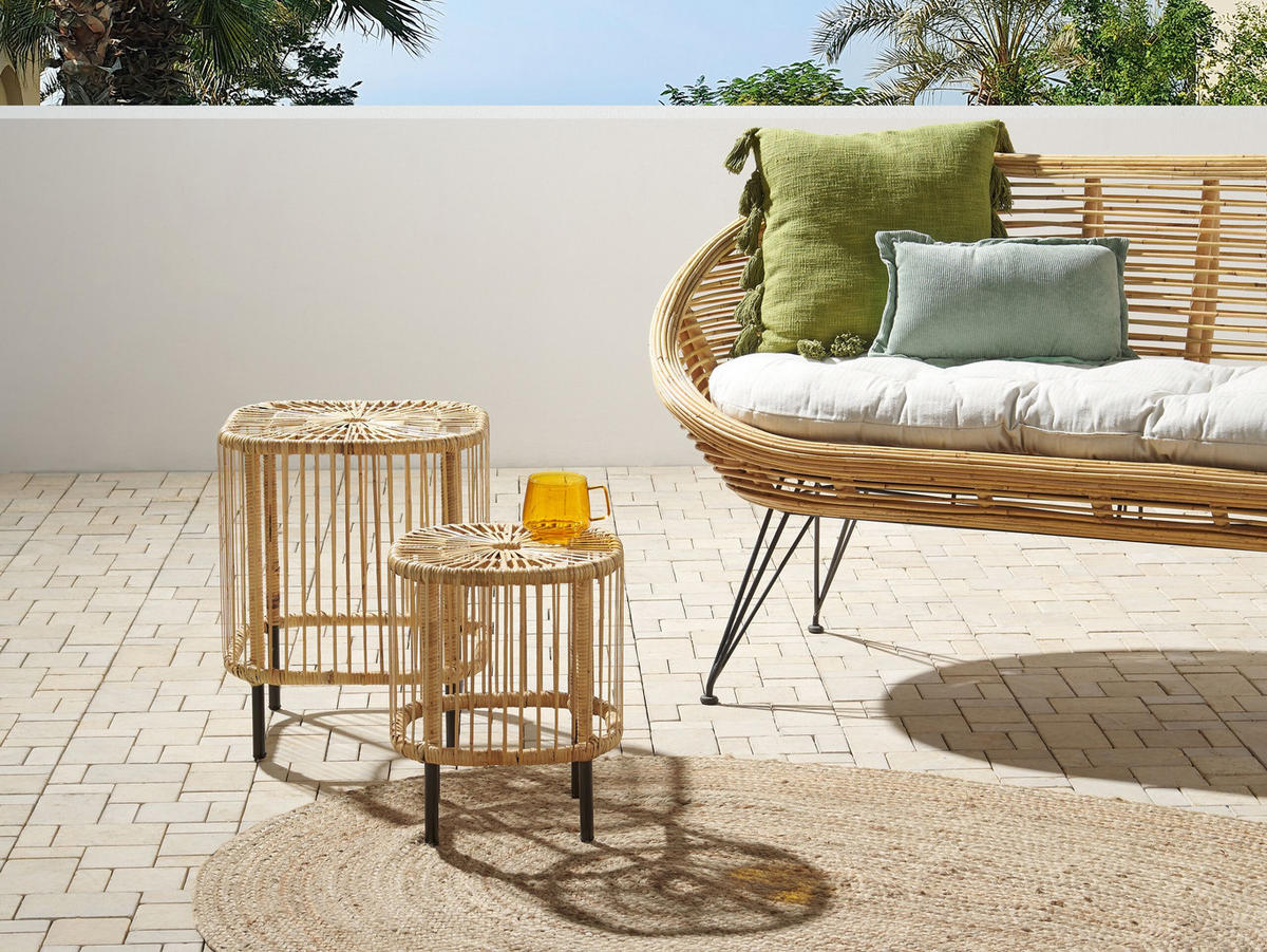 GARTEN-BEISTELLTISCH 2er Set Rattan natürlich quadratisch Cesenatico - Schwarz/Naturfarben, Naturmaterialien (40/40/50cm) - Beliani