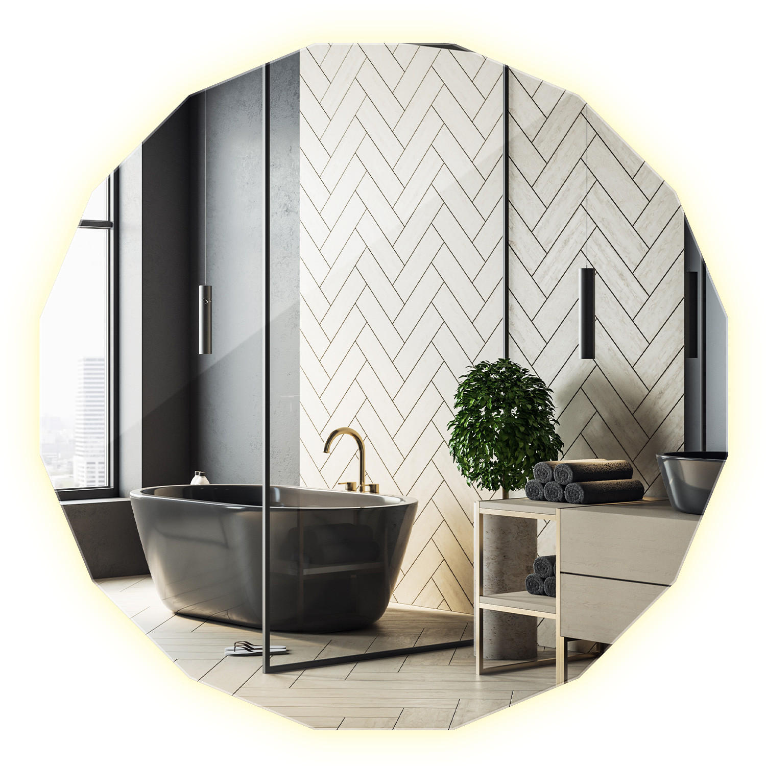 LED-SPIEGEL 60 cm x 60 cm Asymmetrische Form Kaltweiß 6000 K - Platinfarben, Glas (60/60/0.4cm) - Wallfluent