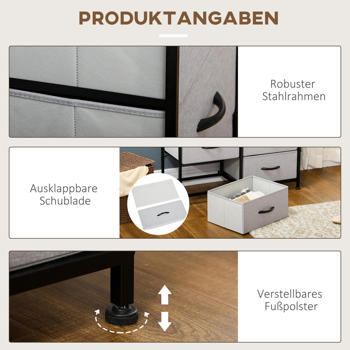 KOMMODE Sideboard, Griff, Grau - Grau, Textil (30/62.5/80cm) - HOMCOM