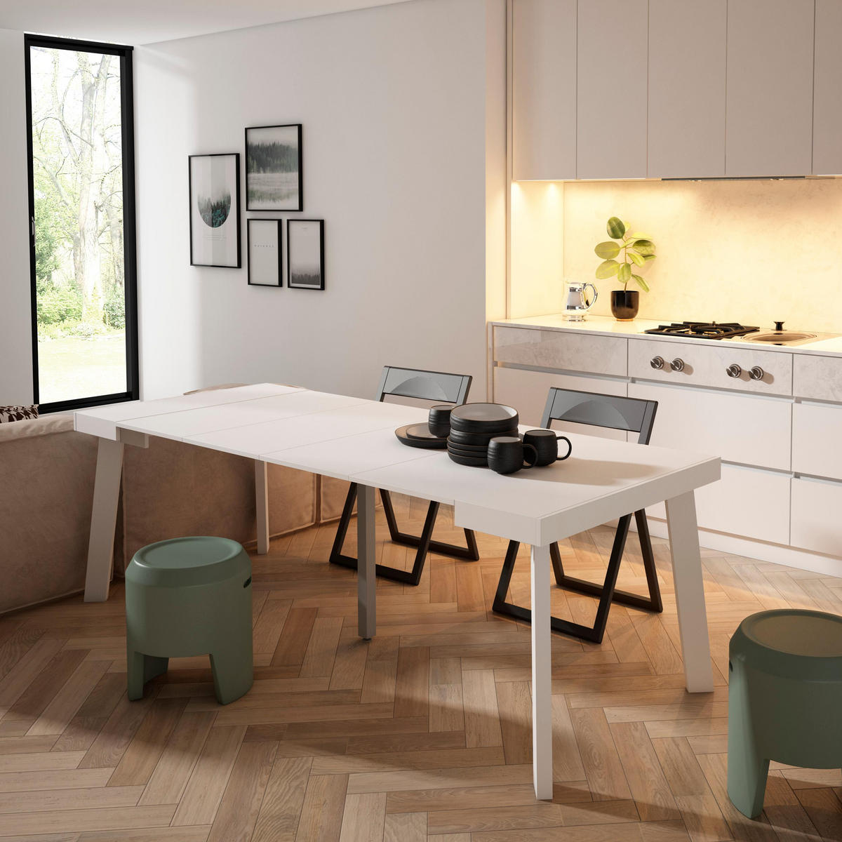 KONSOLENTISCH ausziehbar 58 bis 222cm, für 10 Gäste, weiß, 90/58/73cm - Weiß, Holzwerkstoff (90/222/73cm) - Skraut Home