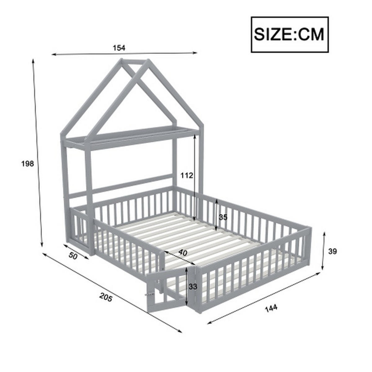 KINDERBETT 140 x 200 cm, Massivholz-Kinderbettgestell mit Stauraum, durchgehendem Sicherheitsgitter und Türen sowie Lattenrost, grau - Grau, Holz (142/203cm)