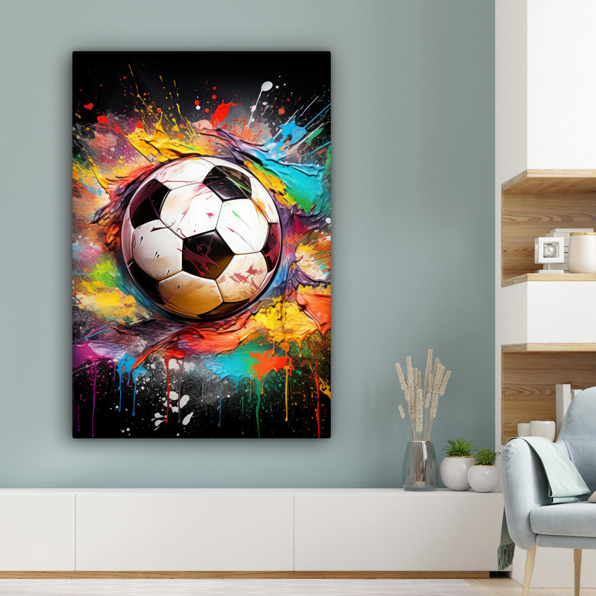 LEINWANDBILD Fußball - Farbe - Farben - Schwarz - Weiß 80x120 cm - Weiß, Textil (80/120cm) - MuchoWow