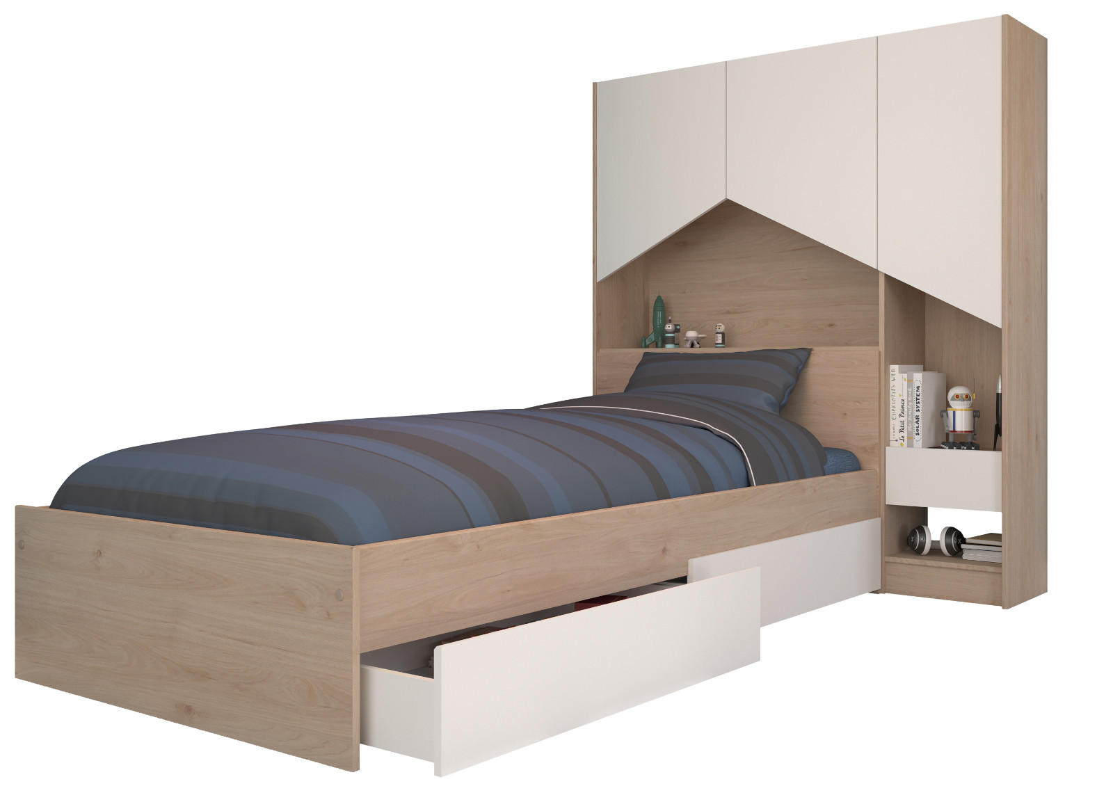 JUGENDBETT 90 x 200, Set mit Stauraumbett und Schrank - Eichefarben/Weiß, Holz/Holzwerkstoff (90/200cm) - Parisot Meuble