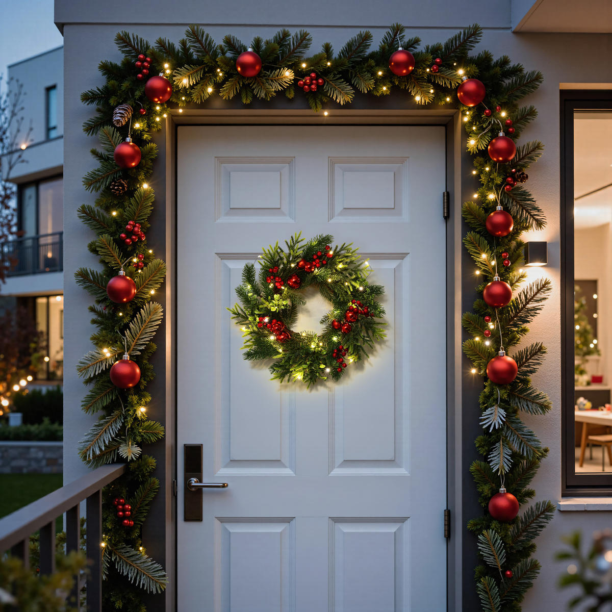 WEIHNACHTSKRANZ Ø40cm mit Beeren & Kugeln, 30 LEDs mit Timer - Dunkelgrün, Naturmaterialien (40cm) - Hometopia