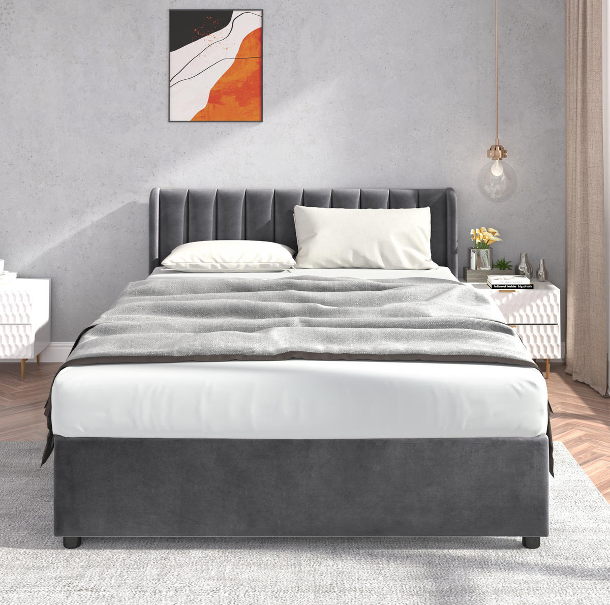 POLSTERBETT mit 2 Schubladen 140x200 cm Samt Gray - Grau, Holz (140/200cm) - Meubliv