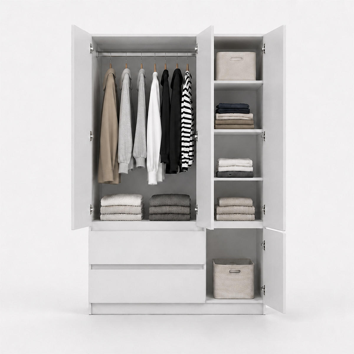 DREHTÜRENSCHRANK SOLO 4D2S, Schlafzimmer, Kleiderschrank Schrank 120 cm Weiß/Weiß, 4-türig, zwei Schubladen, grifflos - Weiß, Holzwerkstoff (120/180/50cm) - imoebel24