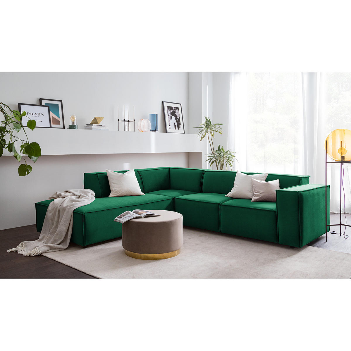 ECKSOFA mit Ottomane - Dunkelgrün/Schwarz, Kunststoff/Textil (260/234cm) - home24
