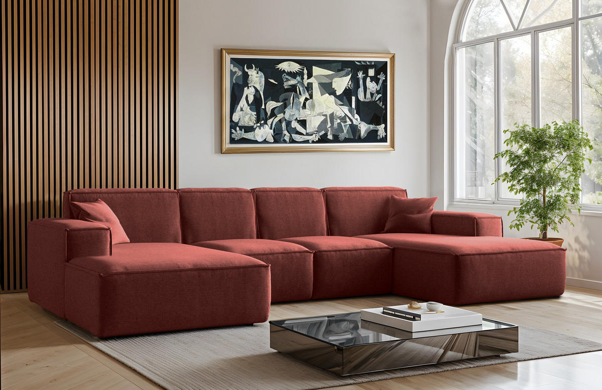 ECKSOFA U-Form Siena mit Stoff Maloy Kirsche - Kirschrot, Holz (344/165cm) - Kaiser Möbel