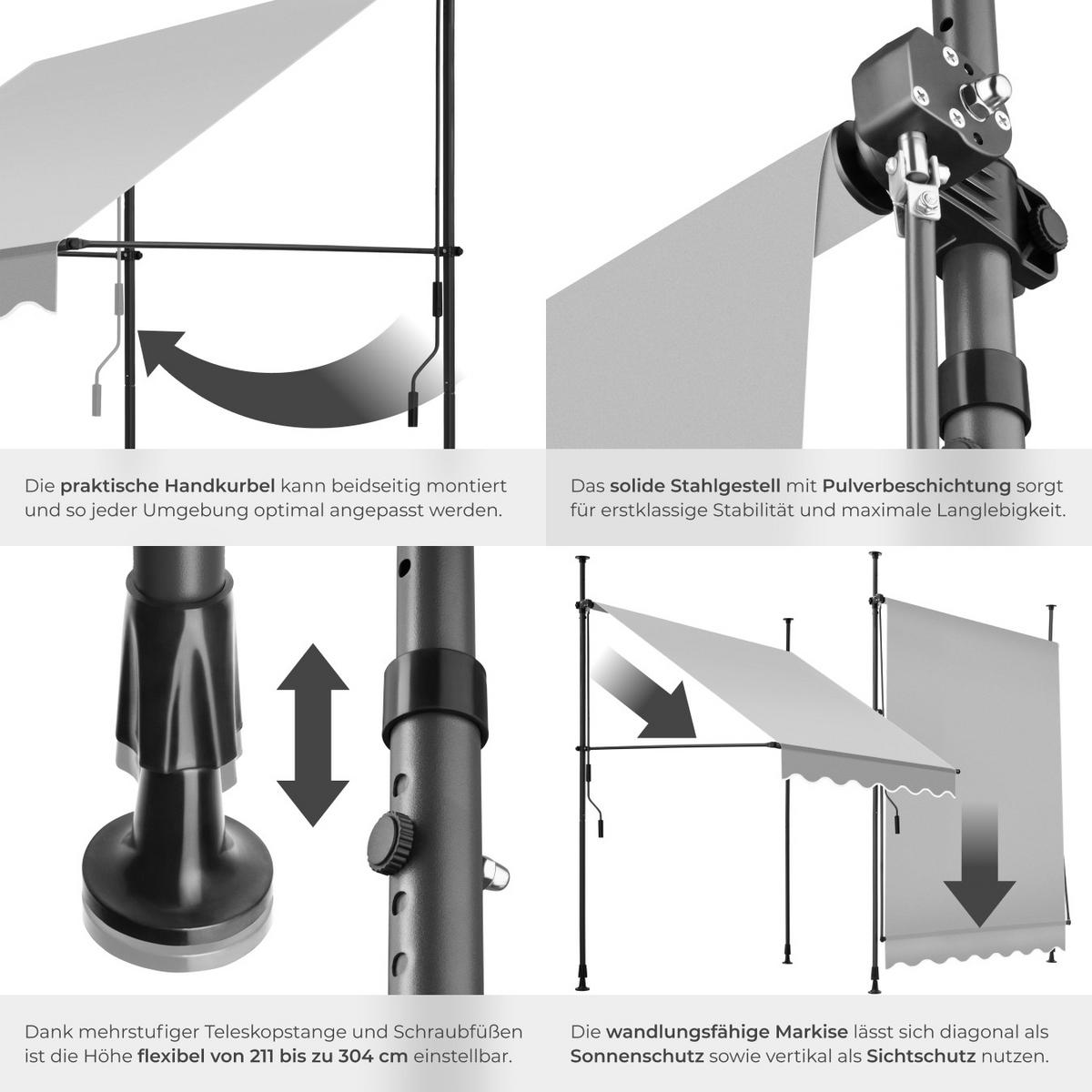 KLEMMMARKISE ,einfache Montage,hellgrau - Hellgrau, Kunststoff (150/304/180cm) - tectake