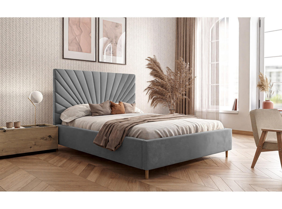 POLSTERBETT SUNNY 140x200 cm Jasmine 90, 34 Holzlatten, Kopfteil 131 cm - Grau, Textil (140/200cm) - Lookway