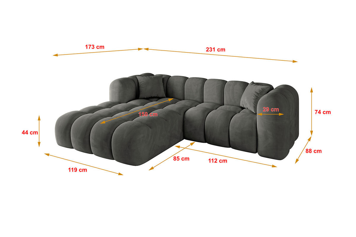 ECKSOFA Ottomane Links OLEA-L1 - 231x173x74 cm Anthrazit - Anthrazit/Schwarz, Holzwerkstoff/Kunststoff (231/173cm) - ALTDECOR