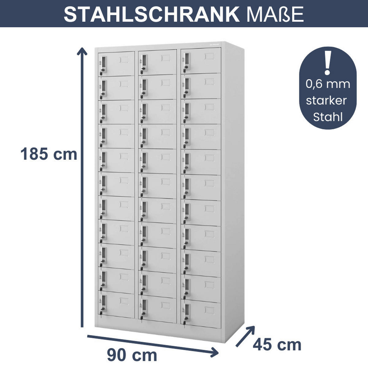 SCHLIESSFACHSCHRANK Spind PORTO 33 Fächer185x90x45cm Grau - Grau, Metall (90/185/45cm) - DELUKE