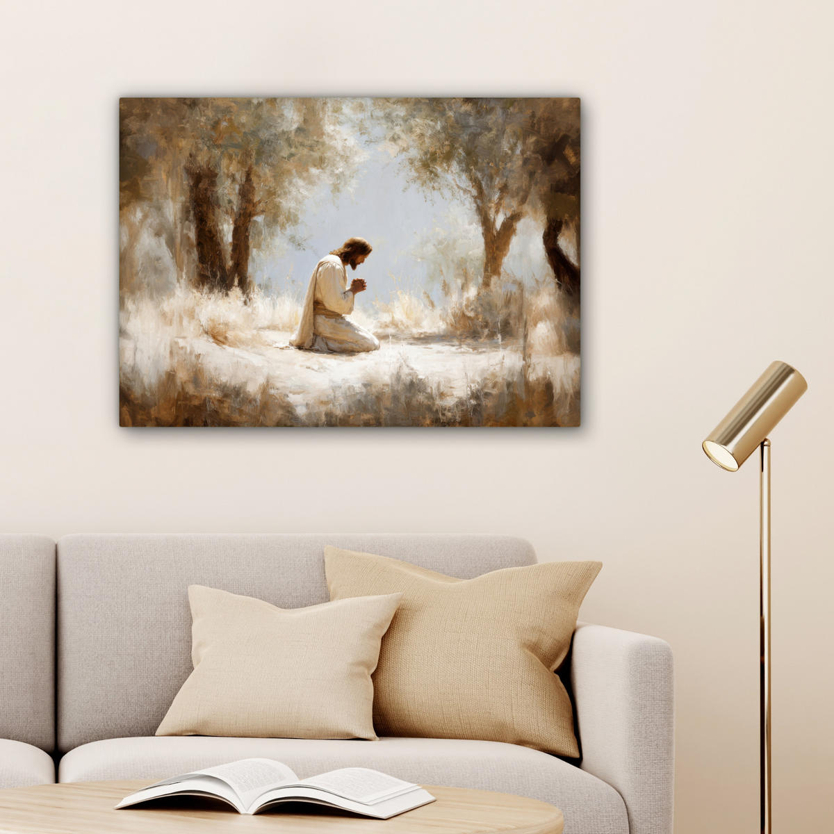 LEINWANDBILD Jesus - Kniend - Waldlandschaft - Betend Wandbilder 80x60 cm - Beige/Hellblau, Textil (80/60cm) - MuchoWow