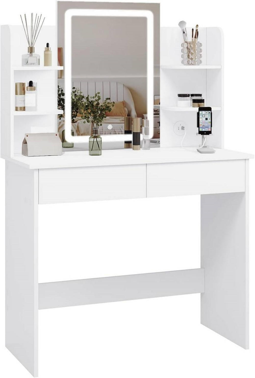 SCHMINKTISCH mit LED-Beleuchtung Spiegel, Weiß - Weiß, Glas/Holzwerkstoff (90/125/40cm) - Woltu