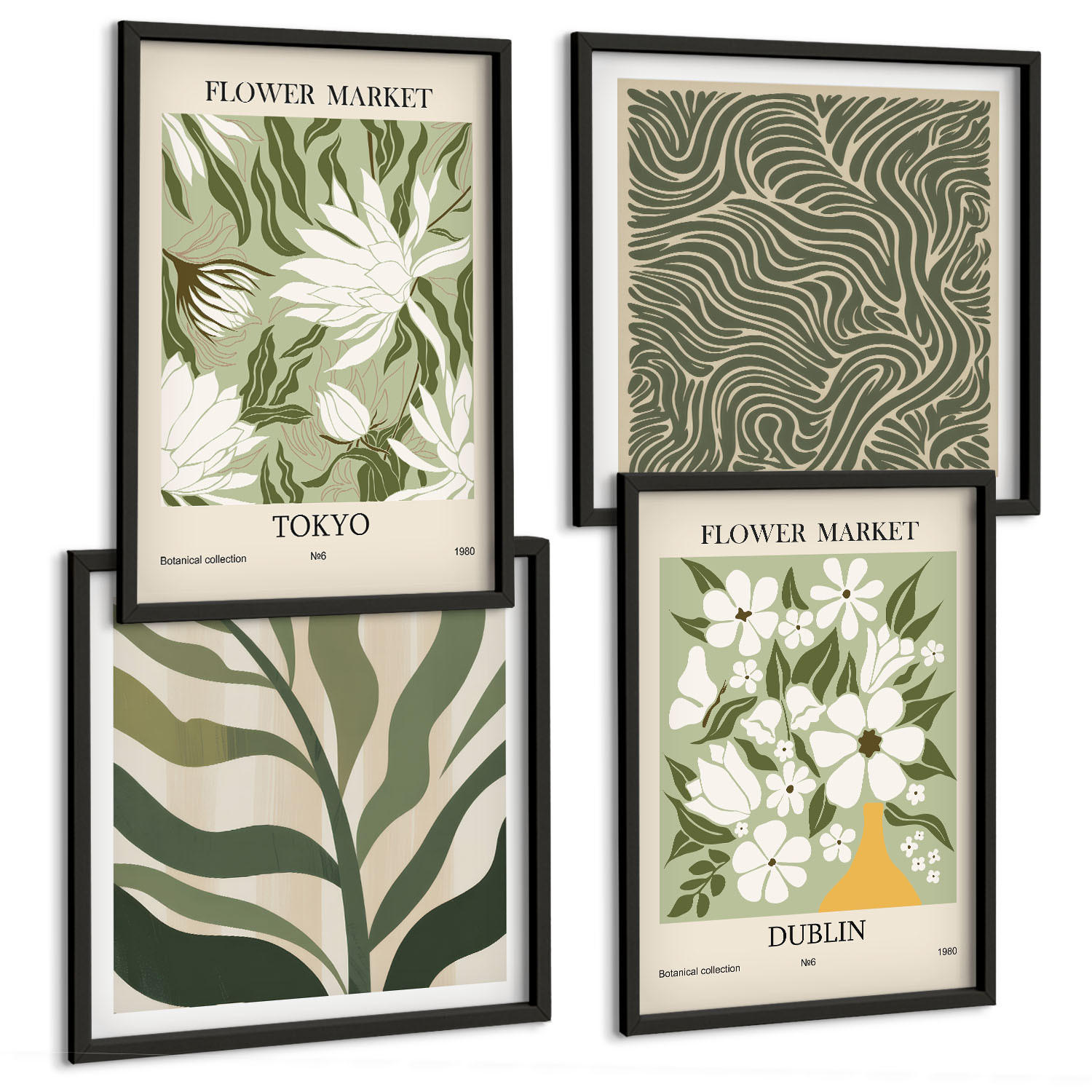 BILDER SET 4er Set - 50x50 cm & 40x60 cm Schwarzer Rahmen - Pflanzenmuster, Boho-Dekorationen - Schwarz, Kunststoff (50/50cm) - TULUP