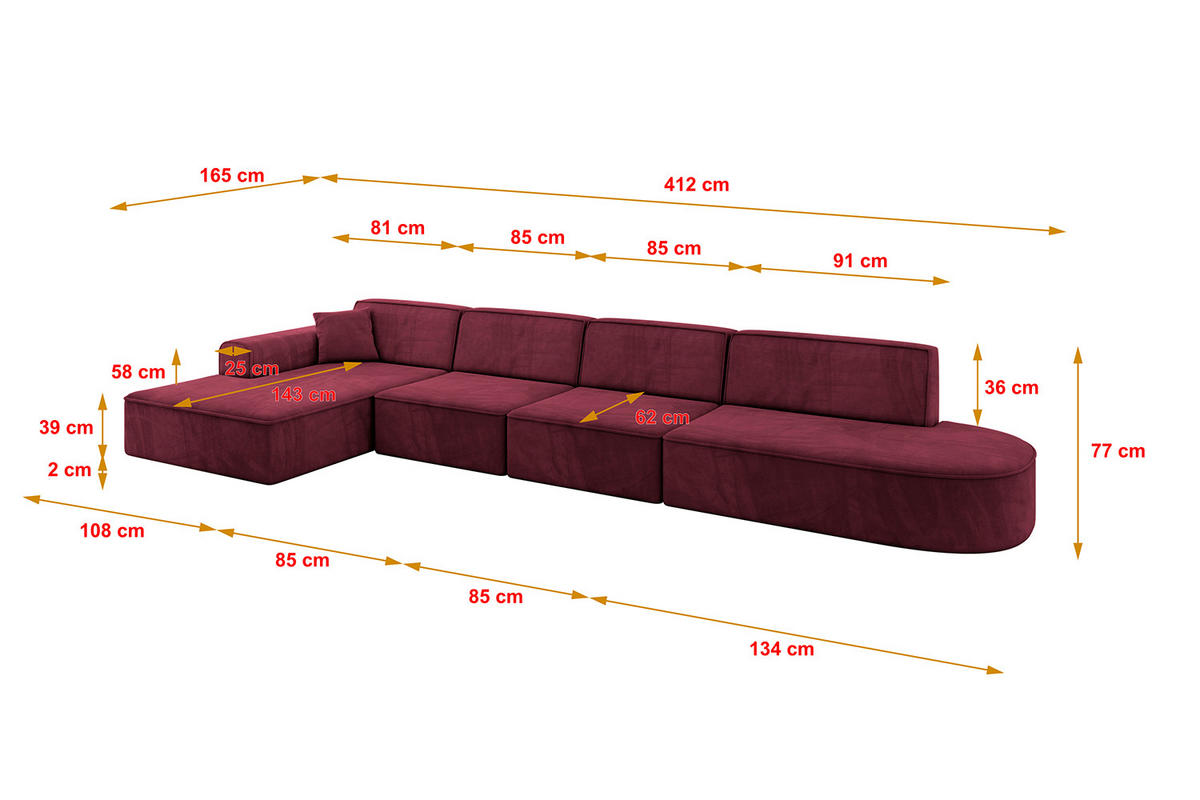 ECKSOFA Ottomane Links IREA-L3-v3 - 412x165x77 cm Bordeauxrot - Bordeaux, Holzwerkstoff/Textil (412/165cm) - ALTDECOR