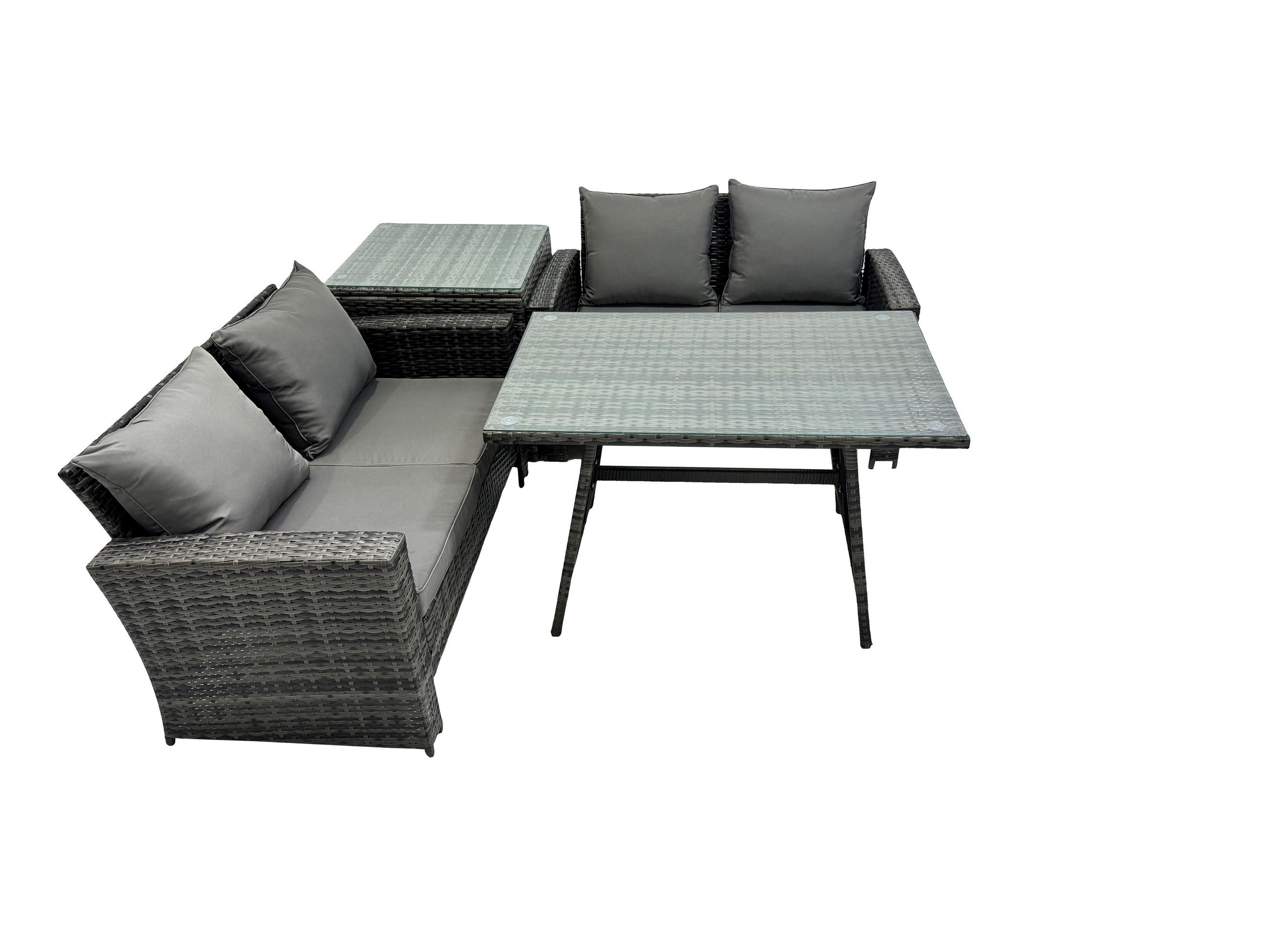 GARTENMÖBELSET mit ESSTISCH,HOCHLEHNER-SOFA Polyrattan Dunkelgrauer Mix 4-Sitzer - Dunkelgrau/Grau, Glas/Kunststoff - Fimous