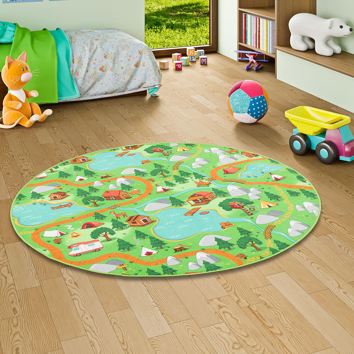KINDER SPIEL TEPPICH CAMPINGPLATZ RUND - Grün, Textil (100/100cm) - Snapstyle