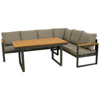 ECK-DININGSET Crawley (1x 3-sitzer Bank 187x65x71cm, 1x 3-sitzer Lounge mit Liegefunktion 187x65x71cm, 1x Tisch 140x70cm Tischplatte Akazie - Grau, Metall - TPFGarden