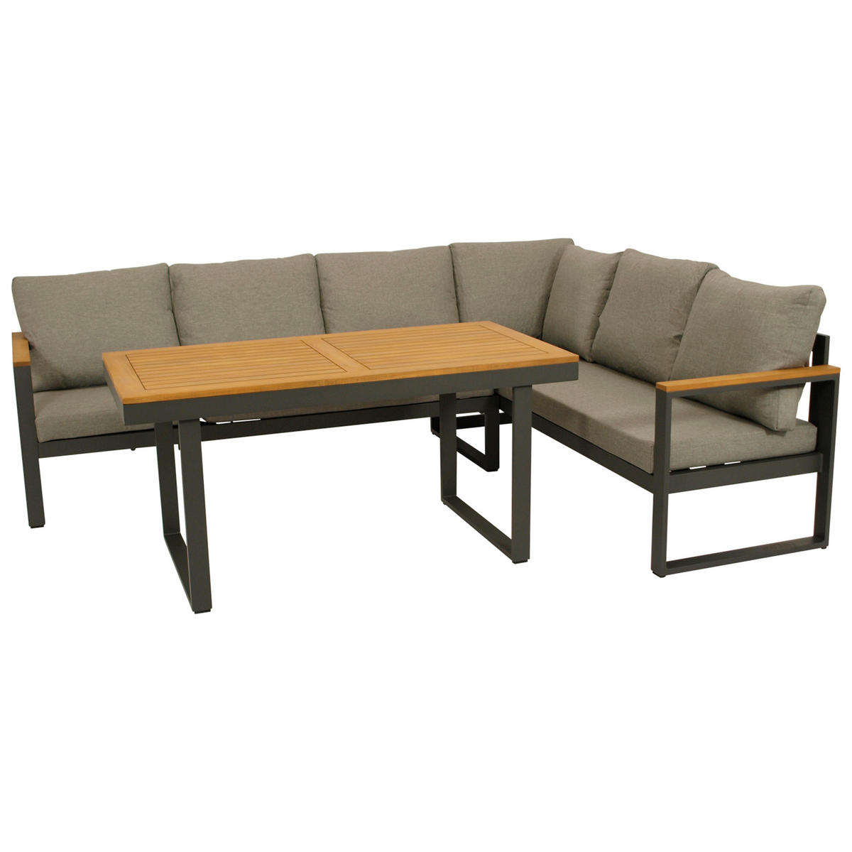 ECK-DININGSET Crawley (1x 3-sitzer Bank 187x65x71cm, 1x 3-sitzer Lounge mit Liegefunktion 187x65x71cm, 1x Tisch 140x70cm Tischplatte Akazie - Grau, Metall - TPFGarden