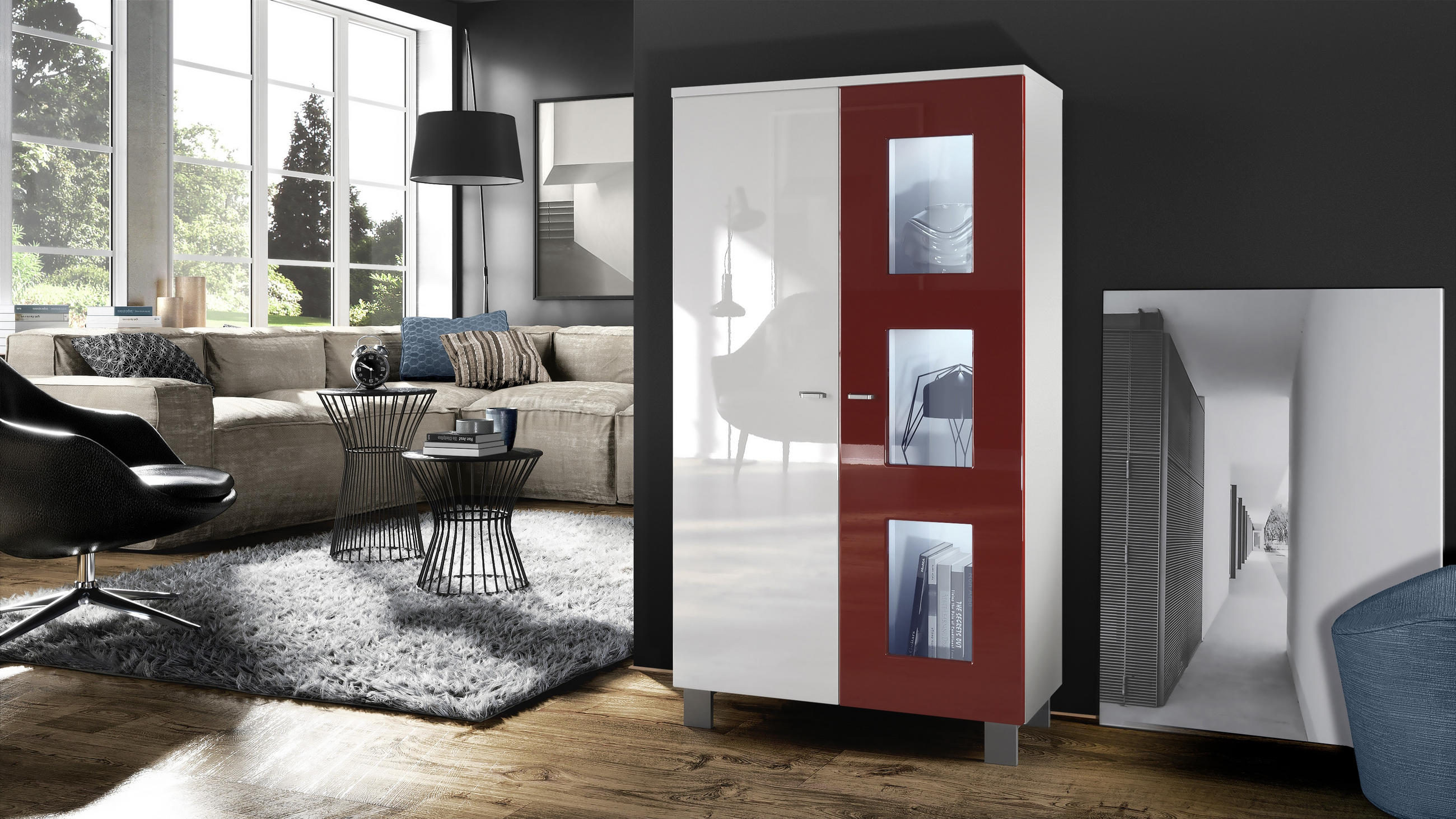 VITRINE Denjo Tür in Bordeaux Hochglanz - Bordeaux, Holzwerkstoff (71/129/35cm) - Vladon