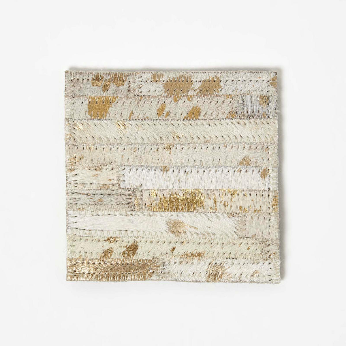 UNTERSETZER 4er-Set grau-gold, Patchwork-Streifen, Fell & Leder, 10/10 cm - Grau, Leder (10/10cm) - Homescapes