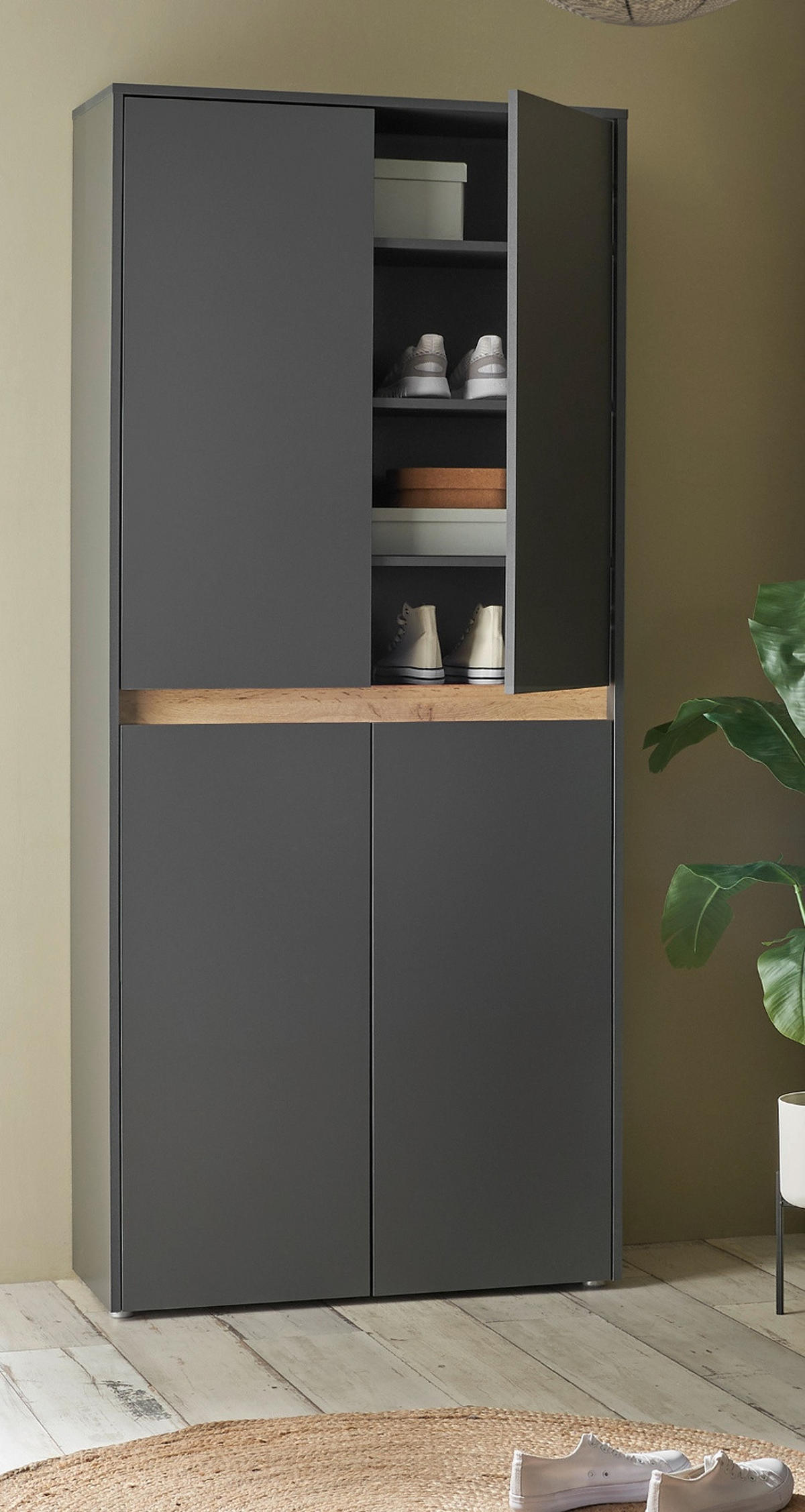 SCHUHSCHRANK grau matt, Eiche Wotan 85 x 195 cm, Flurschrank 4-türig - Eiche Wotan/Schwarz, Holzwerkstoff/Kunststoff (85/195/35cm) - Furn.Design