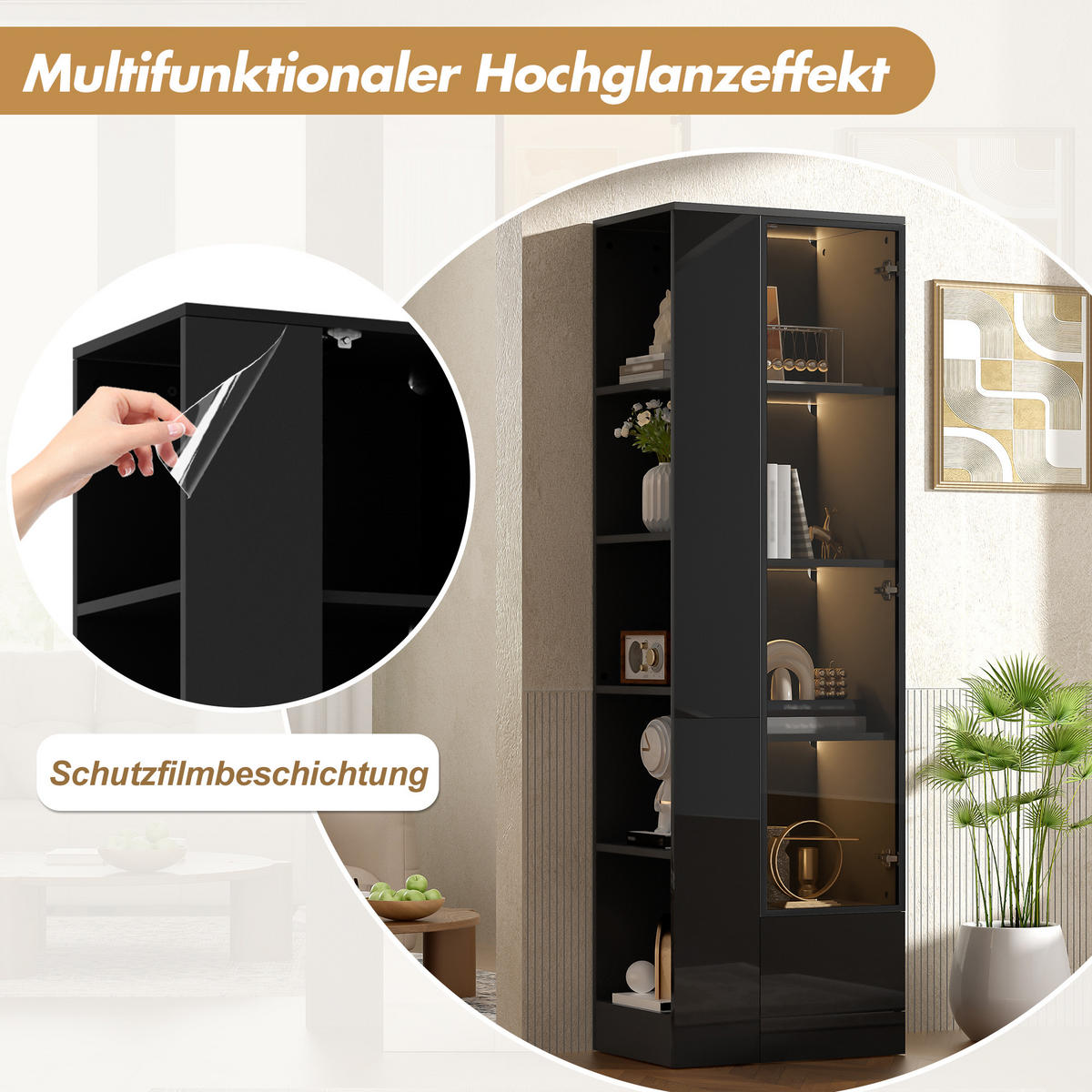 VITRINE 50x35x160 cm Schwarz mit LED und Glastür - Schwarz, Holzwerkstoff (50/160/35cm) - FLIEKS