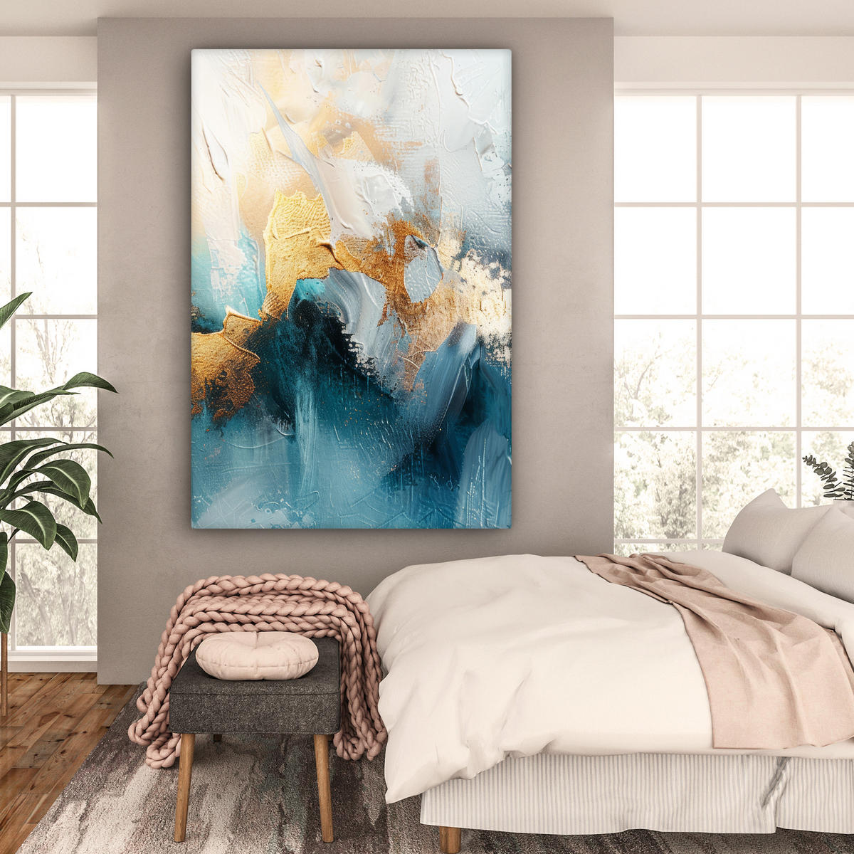 LEINWANDBILD Abstrakt - Kunst - Gold - Blau Deko Groß 90x140 cm - Petrol, Textil (90/140cm) - MuchoWow