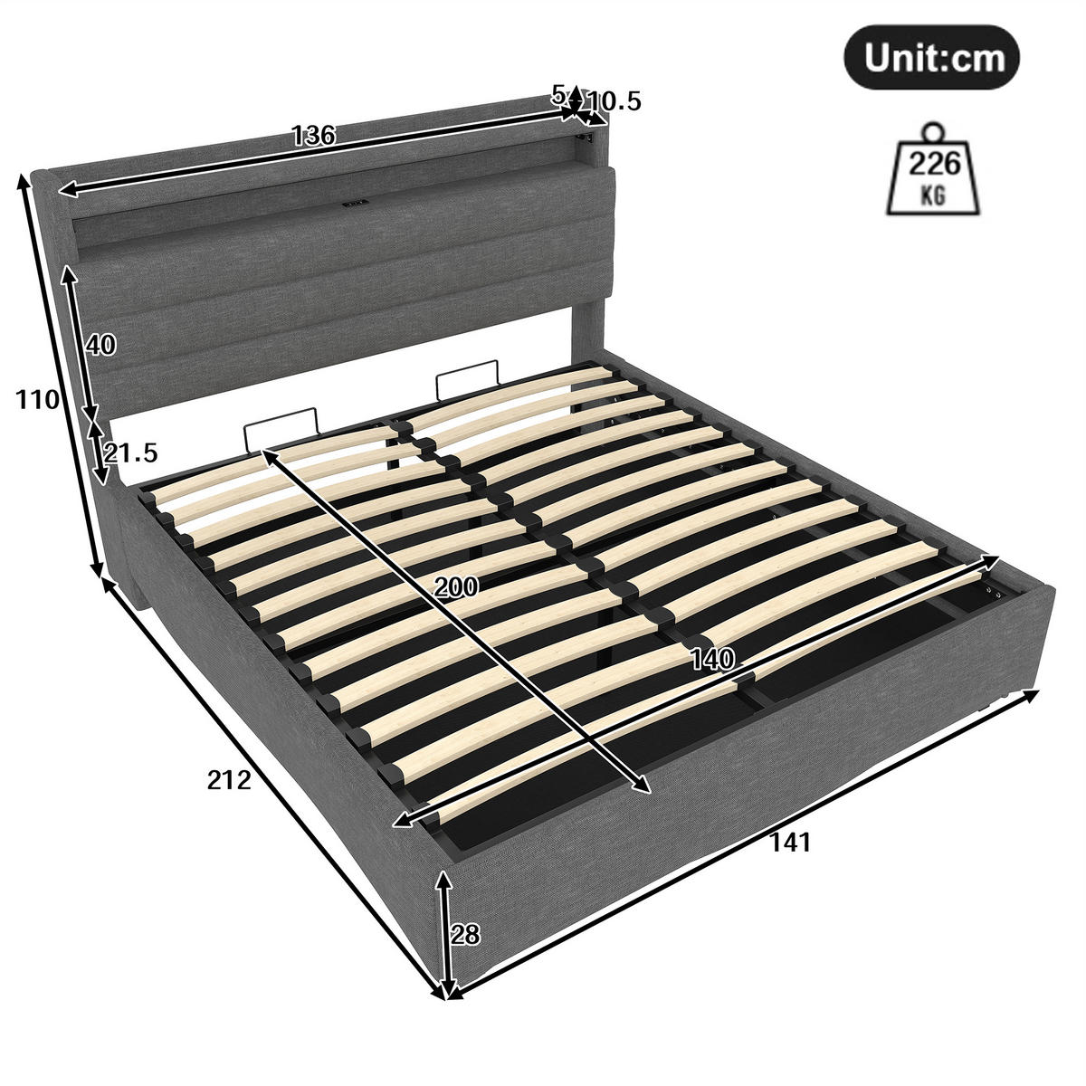 POLSTERBETT 140x200cm Grau LED Hydraulik USB Leinen - Grau, Holz (90/200cm) - FLIEKS