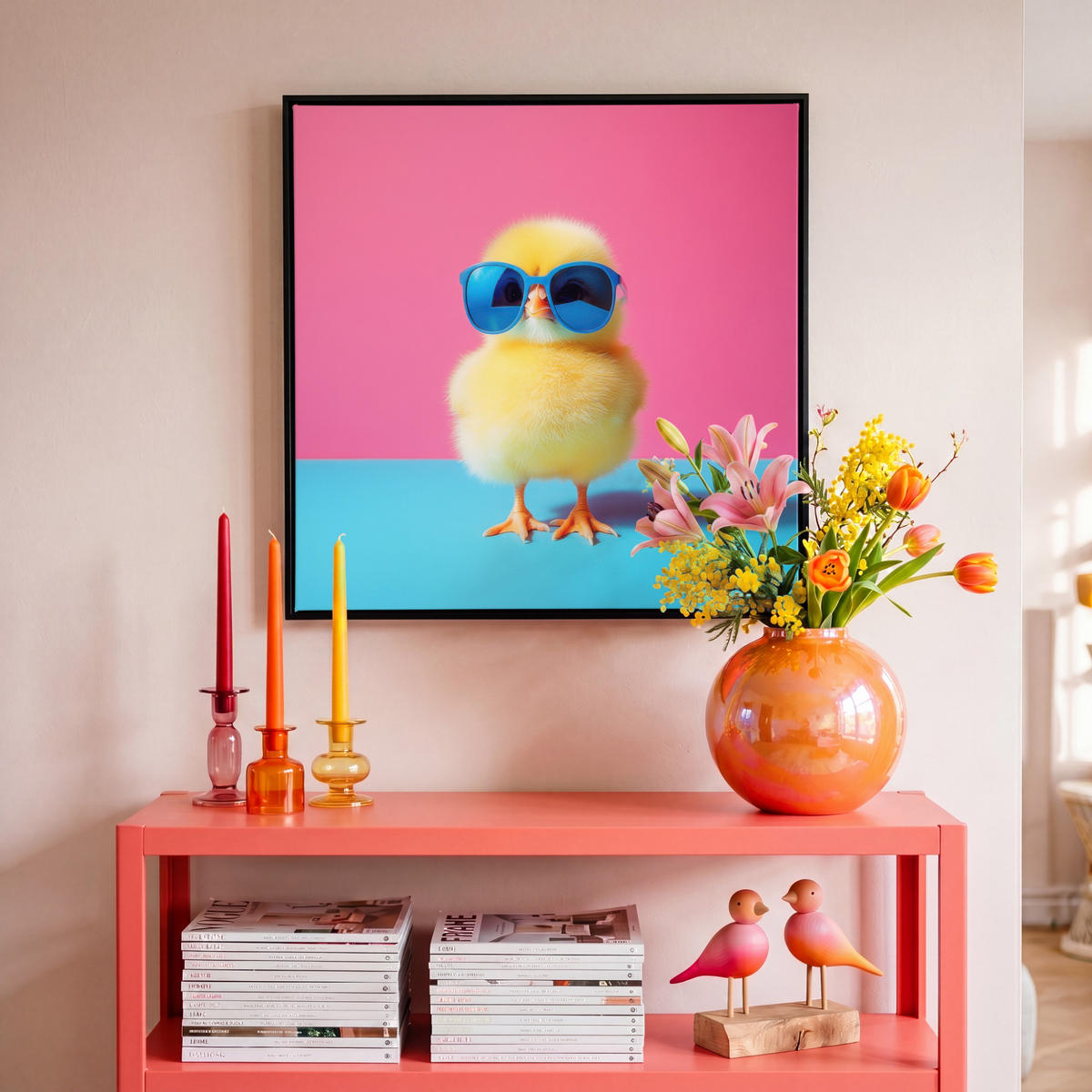 LEINWAND Bilder mit Rahmen - Chick - Sonnenbrille - Blau - 50x50 - Pink, Textil (50/50cm) - MuchoWow