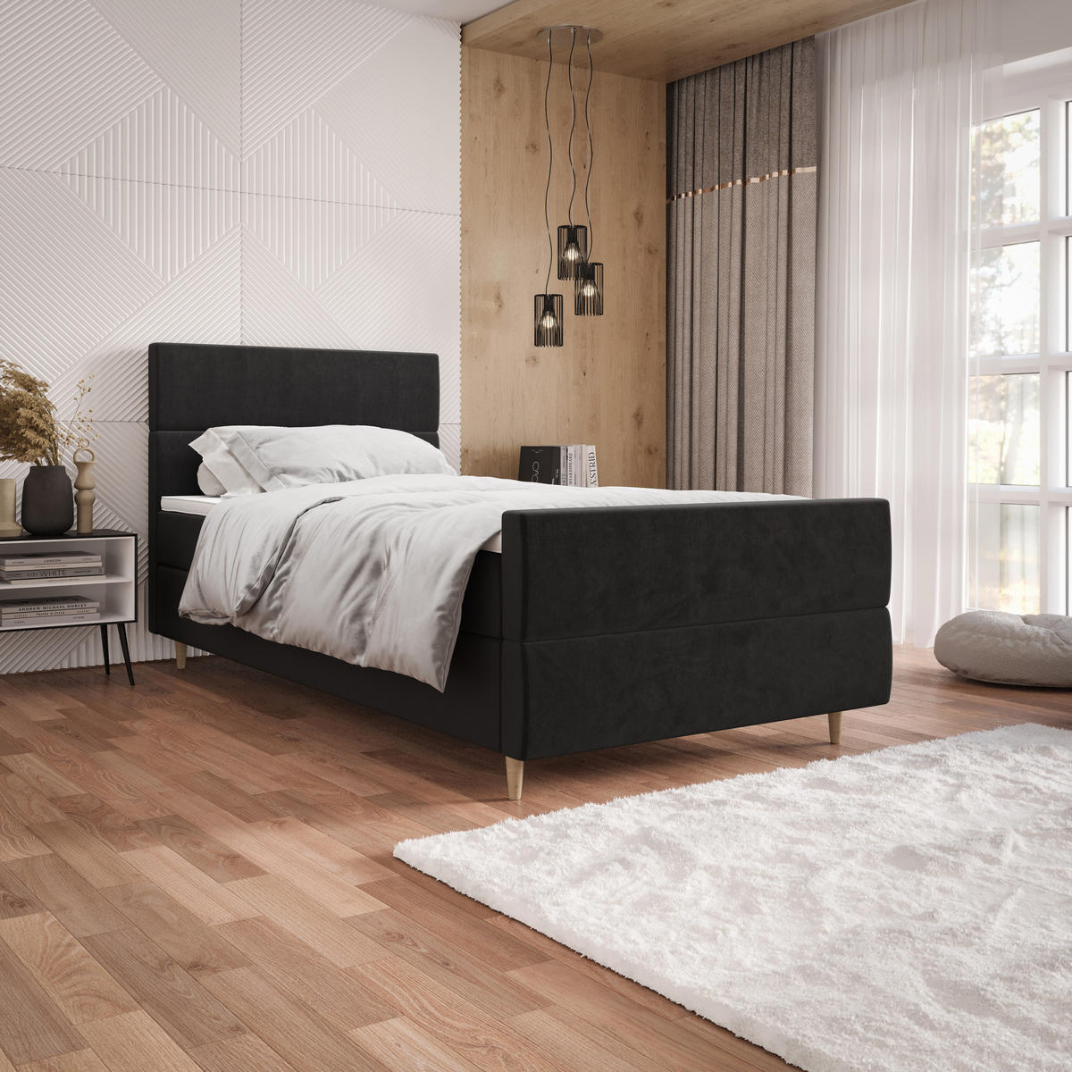 BOXBETT FLO PLUS 100x200 Itaka 27, mit Matratze H3, Bonell und Topper, Grau - Dunkelgrau, Holz/Textil (100/200cm) - Bedante