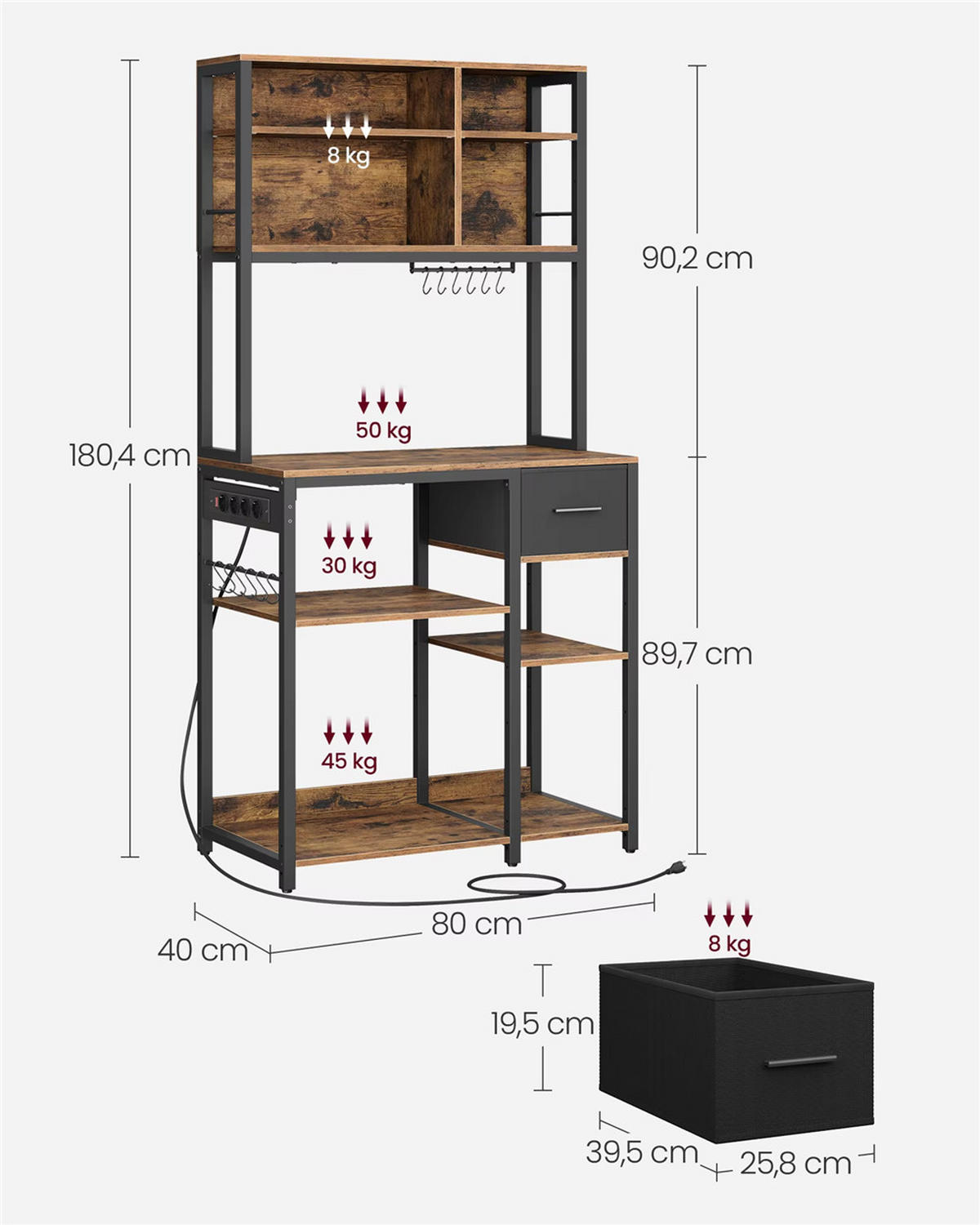 KÜCHENREGAL Steckdose verstellbar Standregal Küche - Braun, Metall (80/180/40cm) - Kaket