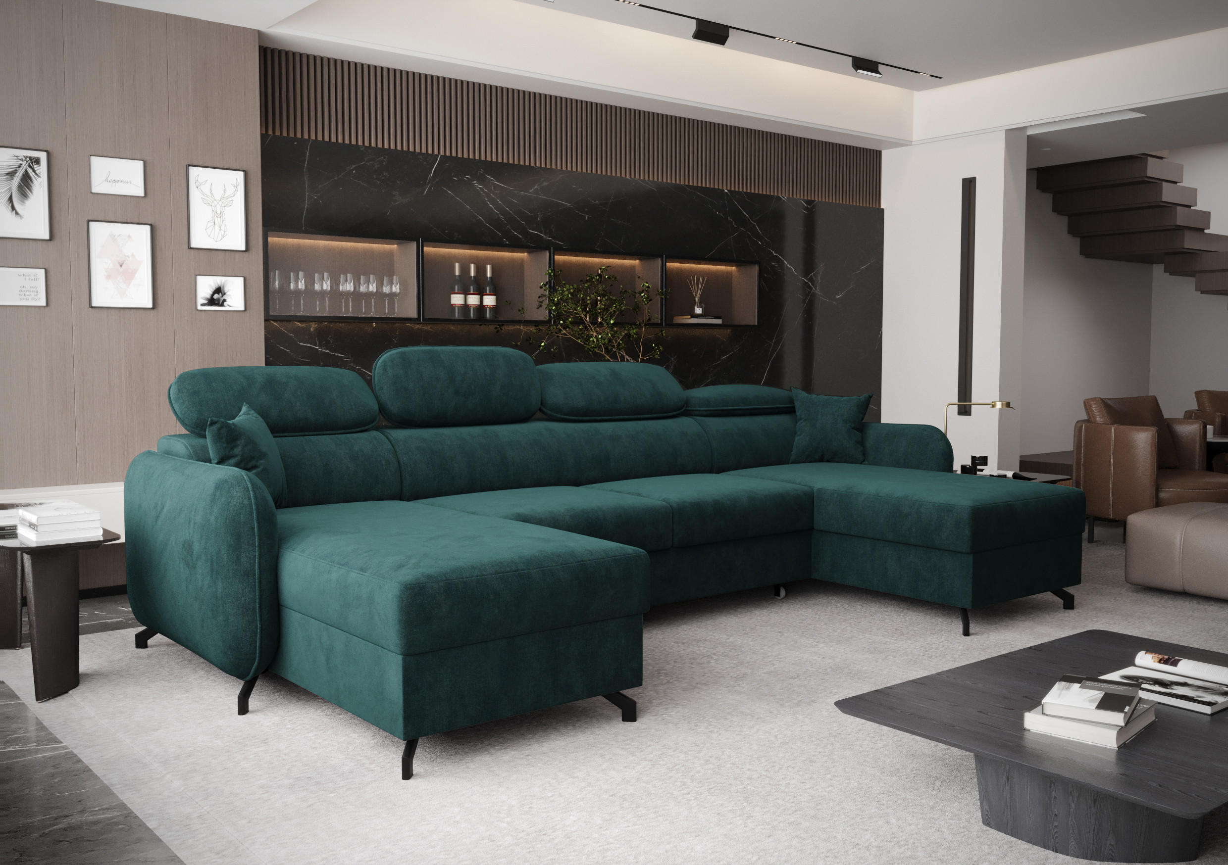 WOHNLANDSCHAFT Ribella 5 Türkis 345/180/100 cm mit Schlaffunktion - Türkis/Schwarz, Textil/Metall (345/100/180cm) - AX Living