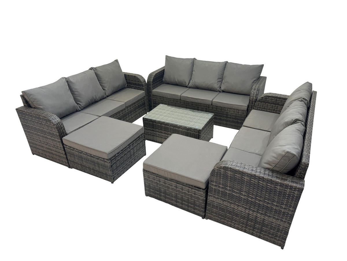 GARTENMÖBELGARNITUR mit KISSEN Polyrattan Dunkelgrau 11-Sitzer - Dunkelgrau/Grau, Glas/Kunststoff - Fimous
