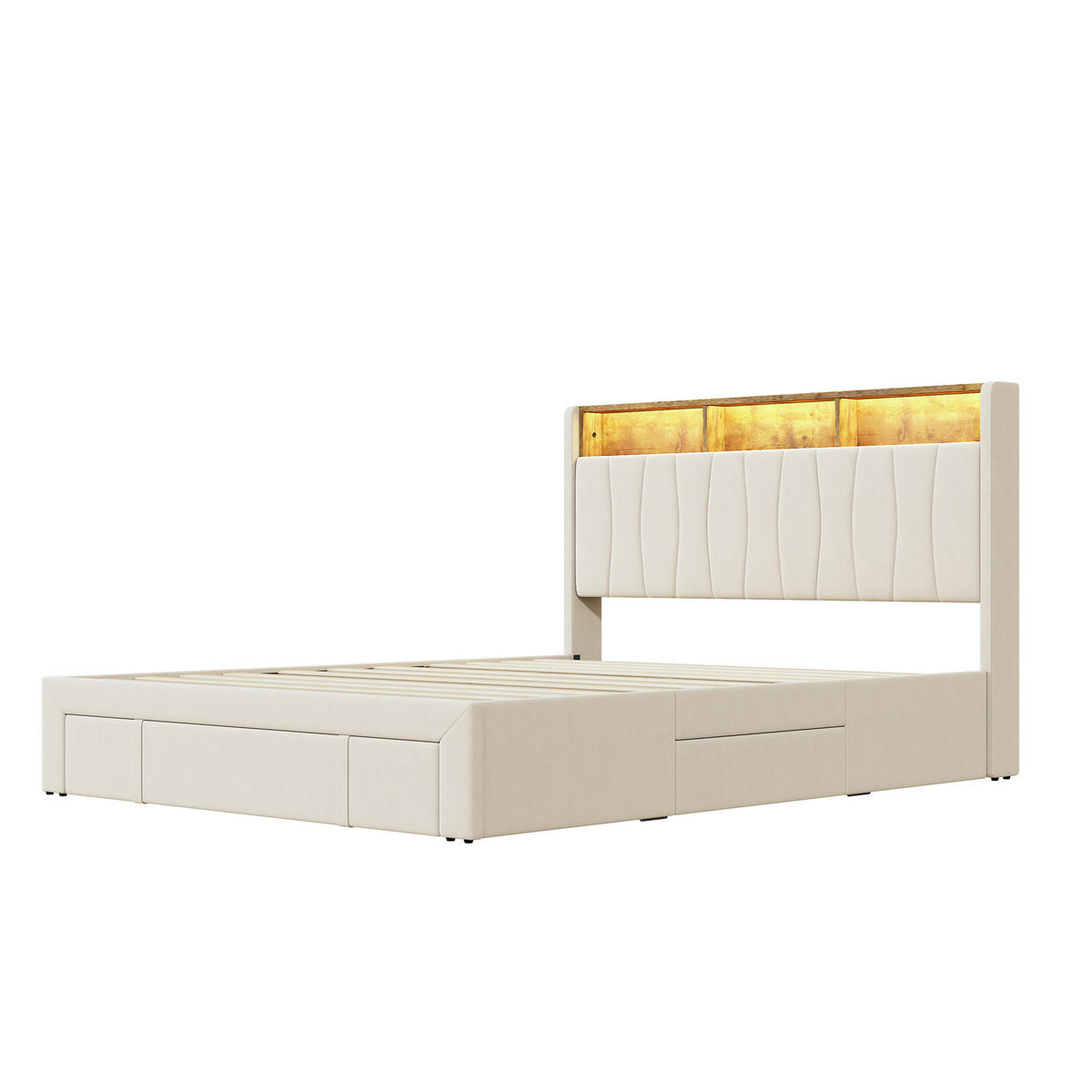 POLSTERBETT 140x200 cm, Beige, mit 3 Schubladen, USB & Typ C, LED - Beige, Textil/Metall (140/200cm)