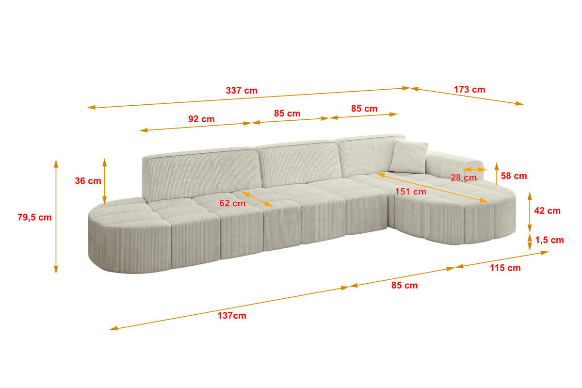 ECKSOFA Ottomane Rechts LIVO-L2 - 337x173x79,5 cm Beige - Beige, Holzwerkstoff/Textil (337/173cm) - ALTDECOR