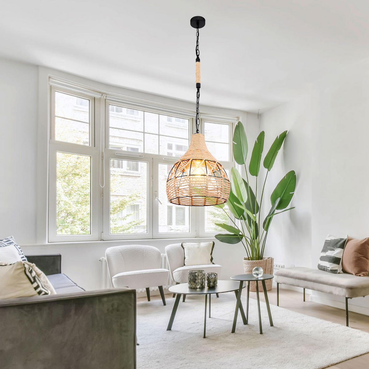 HÄNGELEUCHTE Hanfseil Braun Gitteroptik - Braun, Metall (30/30/135cm) - Globo Lighting