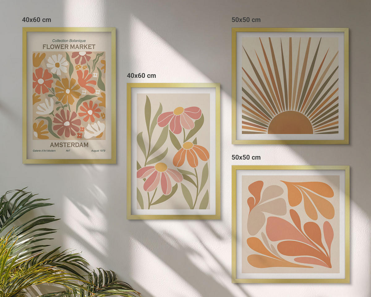 BILDER SET 4er Set - 50x50 cm & 40x60 cm Goldrahmen - Pastellfarbene Sonnenblumen - Goldfarben, Kunststoff (50/50cm) - TULUP
