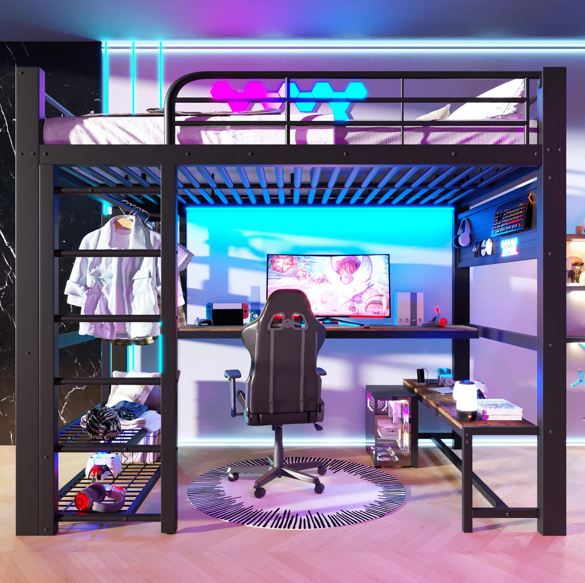 HOCHBETT 140/200 cm aus Metall mit LED-Lichtleiste, Schwarz - Schwarz, Metall (140/200cm) - OKMYHOME