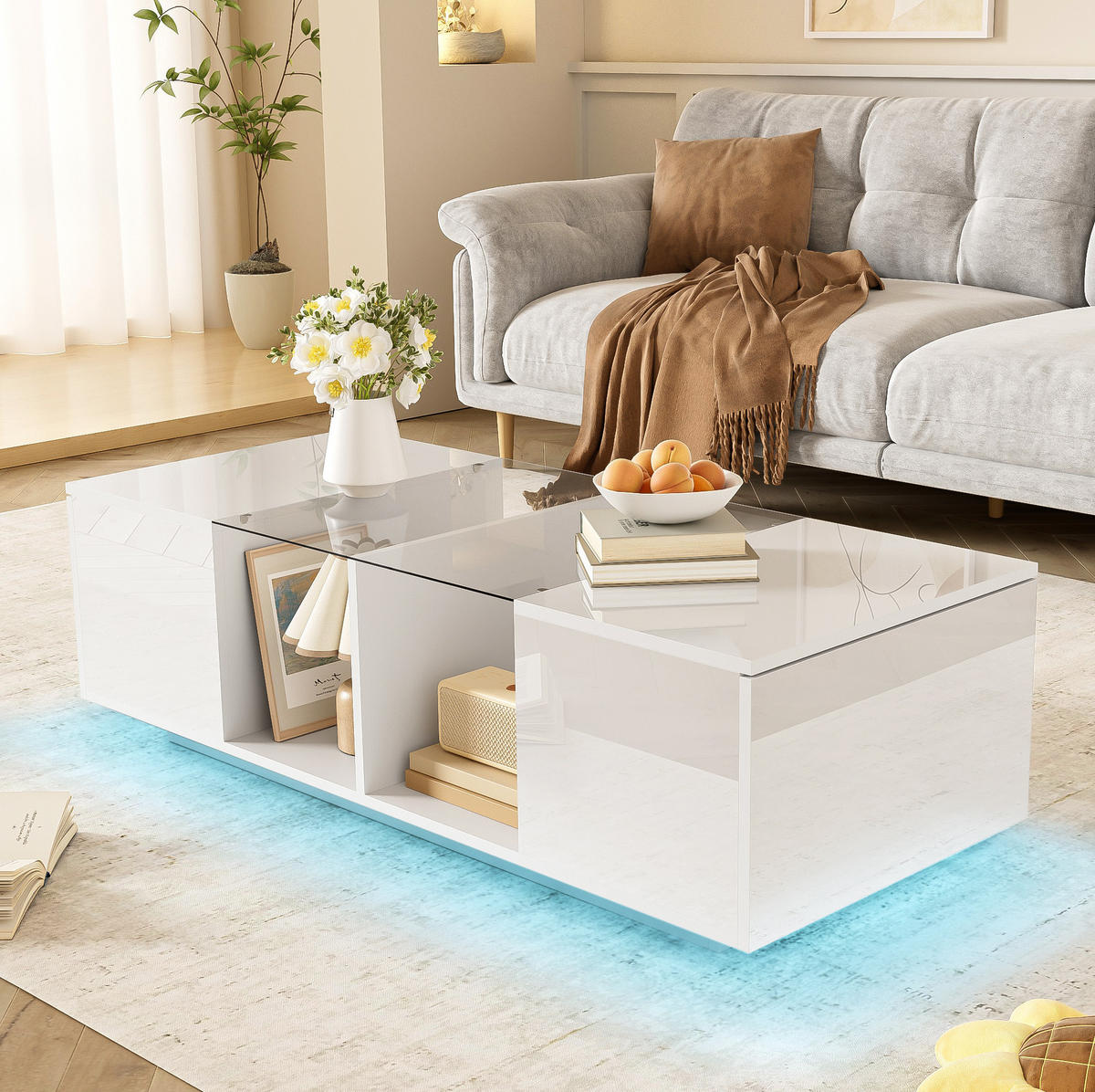 COUCHTISCH, Weiß Hochglanz/Matt mit Glasplatte und LED (16 Farben), integrierter Stauraum, 120/50/38,5 cm, Weiß - Weiß, Holzwerkstoff (120/50/38.5cm) - Redom