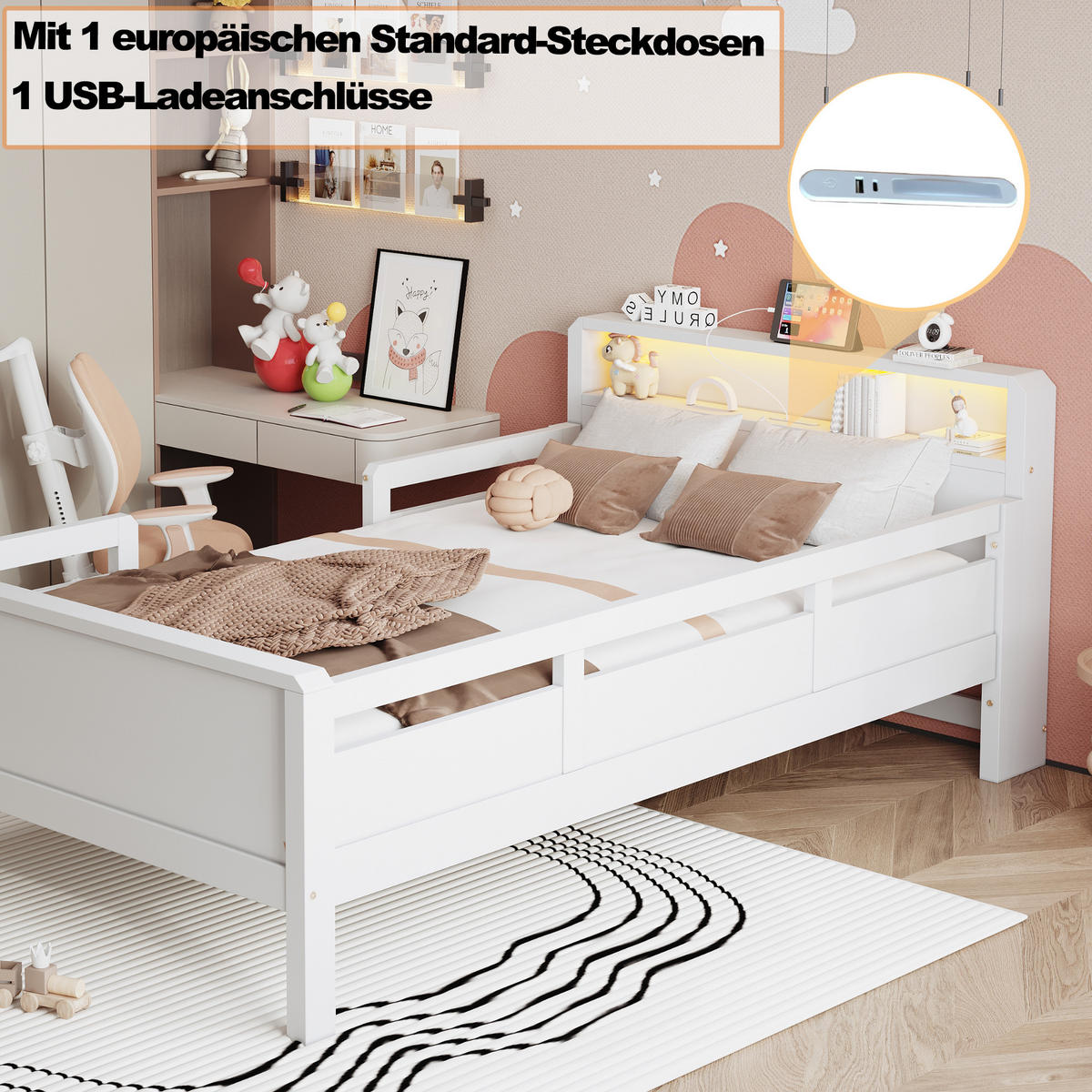 KINDERBETT 90/200 cm in Weiß mit Ablage, LED und USB/Type-C Kiefernholz Gitterdesign - Weiß, Holzwerkstoff (90/200cm) - STILVORA