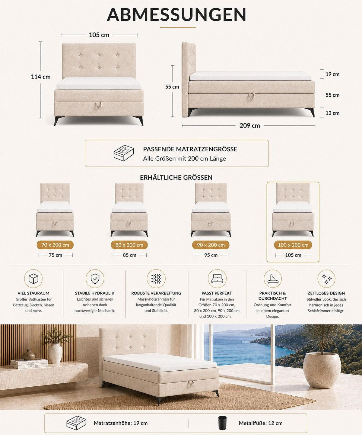 BOXBETT K15 Single SLIM mit Bettkasten & Bonell-Federkern inkl. Topper - Beige, Holz/Textil (200/100cm) - Best For Home