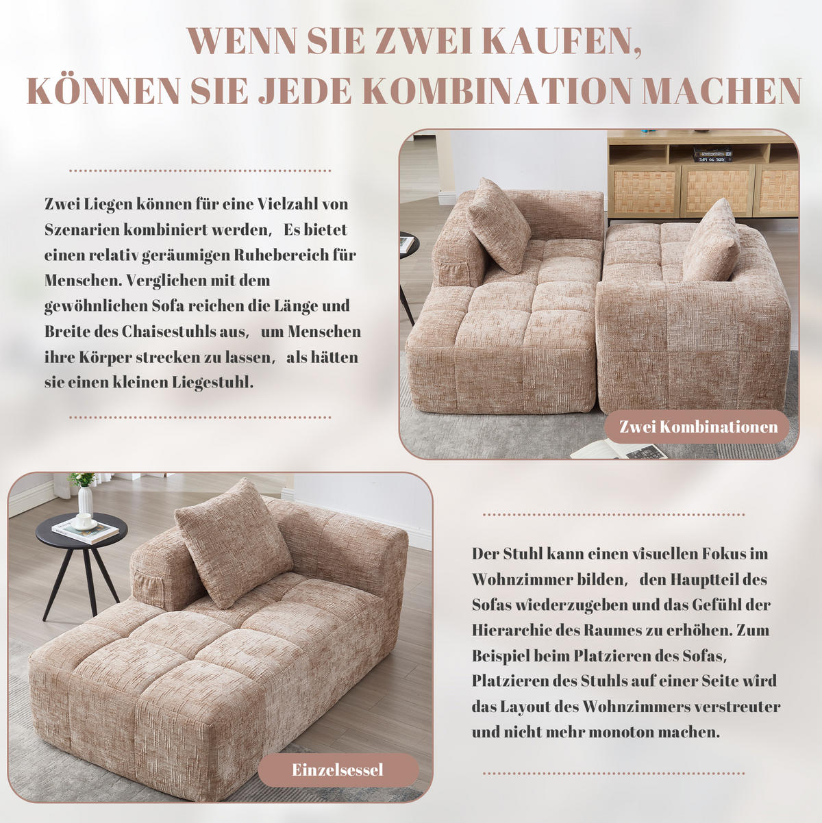 SOFA s ležaljkom, 158/90/60 cm, chenille kaki, s bočnim džepovima i jastukom - boje pijeska, tekstil (60/158/90cm) - BEAOK