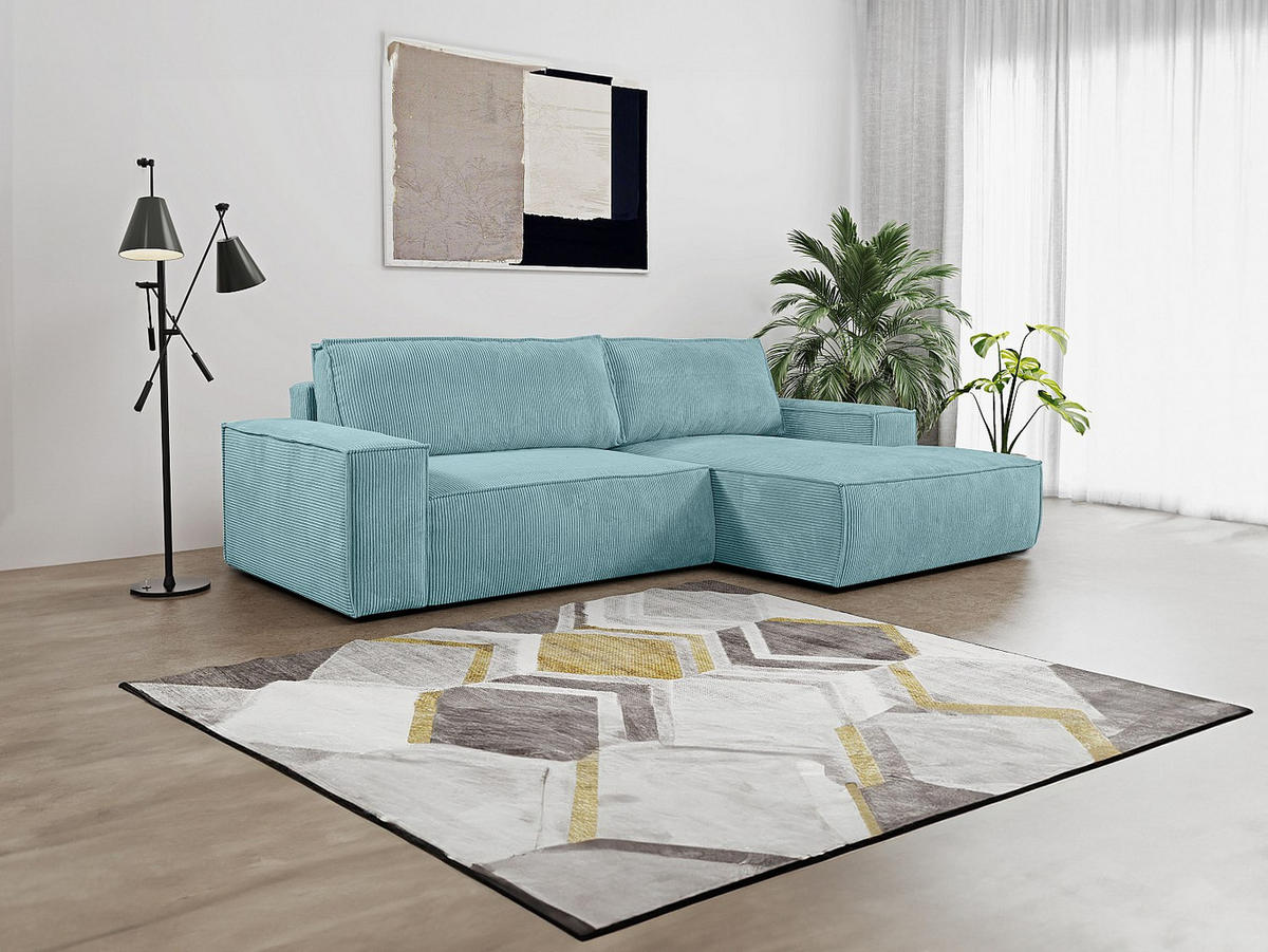 ECKSOFA mit Schlaffunktion - Ecke Rechts - Cord - Türkisblau - AMELIA - Hellblau, Textil (267/167cm) - Vente-Unique