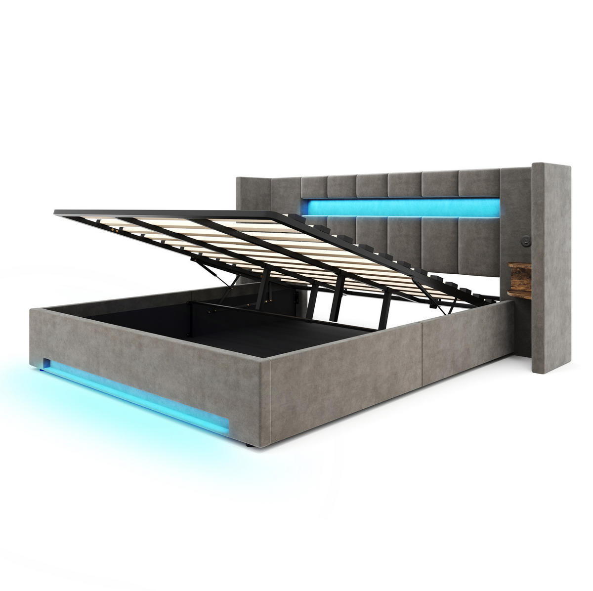 POLSTERBETT 180/200 cm mit USB-Anschlüssen, LED-Beleuchtung, Hydraulik und Stauraum, Dunkelgrau - Dunkelgrau, Textil (180/200cm) - Redom