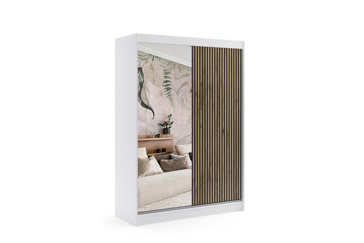 KLEIDERSCHRANK VILAN mit Spiegel/LED - 150 cm - Weiß|Eiche Wotan - Eiche Wotan/Weiß, Holzwerkstoff (150/215/61cm) - ALTDECOR