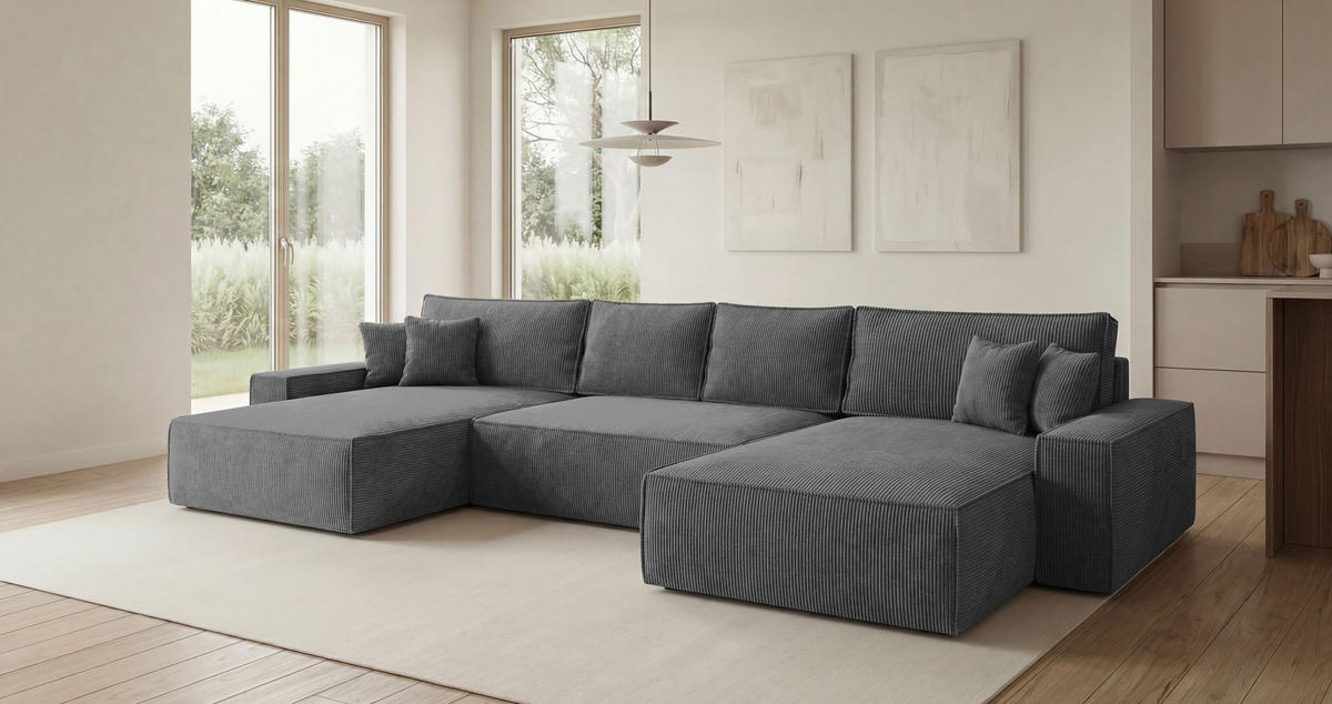 ROHOVÁ pohovka CALIFORNIA tvar U tmavě šedá manšestr POSO 60 - funkce spaní, úložný prostor - antracitová, textil (385/185cm) - Cornero