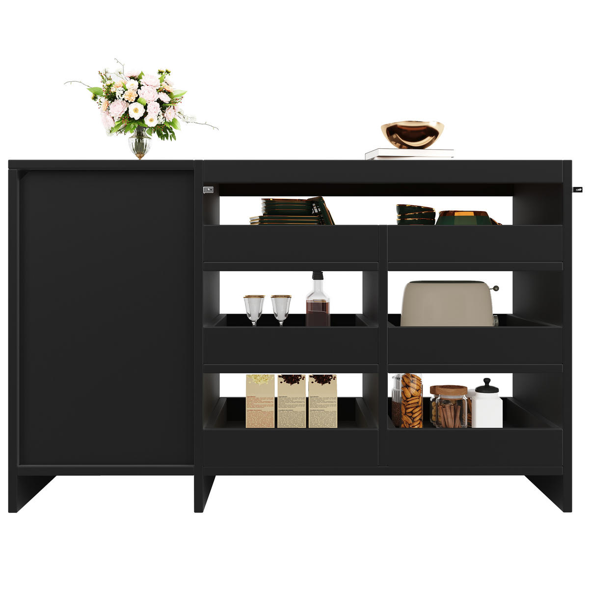 SIDEBOARD 120/40/75 cm, 6 Schubladen, Glasoberseite mit LED, schwarzes MDF, Schwarz - Schwarz, Holzwerkstoff (120/75/40cm) - Redom